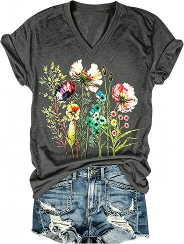 قميص PUCKOLITY Vintage Flowers برقبة على شكل V للنساء من Boho Floral Wildflowers Graphic Tee تي شيرت صيفي كاجوال in Kuwait