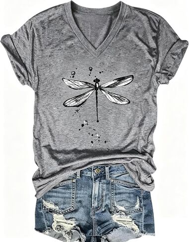 قميص PUCKOLITY Vintage Flowers برقبة على شكل V للنساء من Boho Floral Wildflowers Graphic Tee تي شيرت صيفي كاجوال in Kuwait