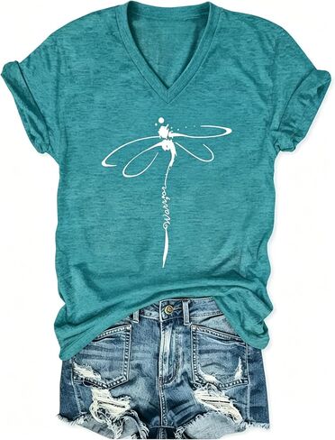 قميص PUCKOLITY Vintage Flowers برقبة على شكل V للنساء من Boho Floral Wildflowers Graphic Tee تي شيرت صيفي كاجوال in Kuwait