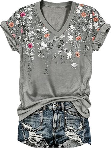 قميص PUCKOLITY Vintage Flowers برقبة على شكل V للنساء من Boho Floral Wildflowers Graphic Tee تي شيرت صيفي كاجوال in Kuwait