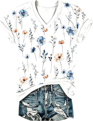 قميص PUCKOLITY Vintage Flowers برقبة على شكل V للنساء من Boho Floral Wildflowers Graphic Tee تي شيرت صيفي كاجوال in Kuwait