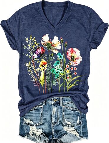 قميص PUCKOLITY Vintage Flowers برقبة على شكل V للنساء من Boho Floral Wildflowers Graphic Tee تي شيرت صيفي كاجوال in Kuwait