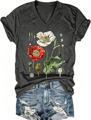 قميص PUCKOLITY Vintage Flowers برقبة على شكل V للنساء من Boho Floral Wildflowers Graphic Tee تي شيرت صيفي كاجوال in Kuwait