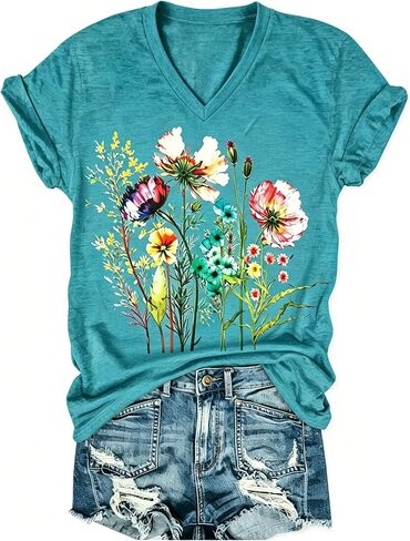 قميص PUCKOLITY Vintage Flowers برقبة على شكل V للنساء من Boho Floral Wildflowers Graphic Tee تي شيرت صيفي كاجوال in Kuwait