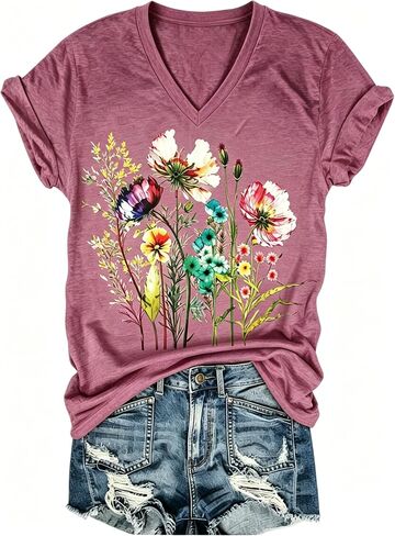 قميص PUCKOLITY Vintage Flowers برقبة على شكل V للنساء من Boho Floral Wildflowers Graphic Tee تي شيرت صيفي كاجوال in Kuwait