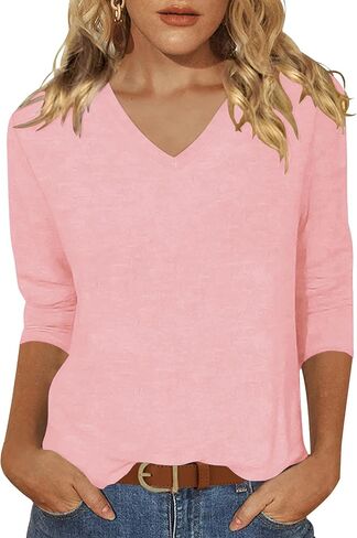 Sherosa Womens V Neck 3/4 Sleeve T Shirts Loose Fit Shirts Casual Solid Basic Tops Tees Blouses in Saudi Arabia