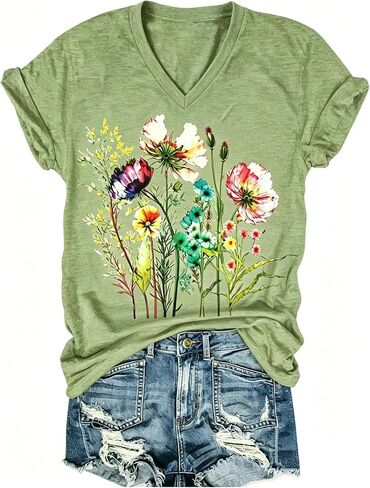 قميص PUCKOLITY Vintage Flowers برقبة على شكل V للنساء من Boho Floral Wildflowers Graphic Tee تي شيرت صيفي كاجوال in Kuwait