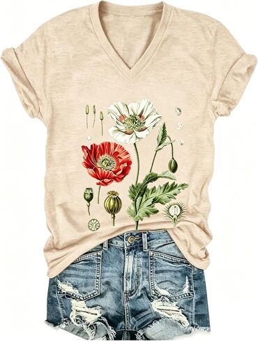 قميص PUCKOLITY Vintage Flowers برقبة على شكل V للنساء من Boho Floral Wildflowers Graphic Tee تي شيرت صيفي كاجوال in Kuwait