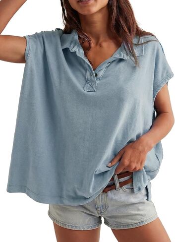 Haellun Oversized Polo Shirt for Women Casual Summer Tee Tops Cap Sleeve Collared Cotton Shirts in Saudi Arabia