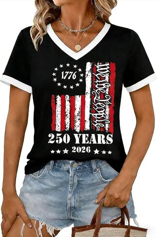 Eatbook 4th of July for Women American Flag Patriotic V Neck Shirts USA Independence Day 250th Graphic Tee in Saudi Arabia