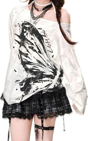 Women Goth T Shirt Harajuku Anime Graphic Y2K Tops Long Sleeve Off Shoulder Grunge Aesthetic Clothes in Saudi Arabia