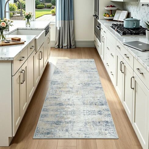 2x6 Runner Rug Non-Slip Washable, Blue Runners for Hallway Kitchen Entryway Indoor, Soft Neutral Abstract Modern Farmhouse Carpet for Bedroom Laundry Room Decor in Saudi Arabia