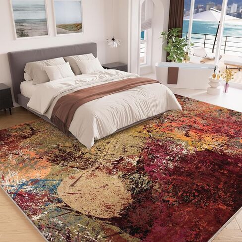 Arbosofe Modern Abstract Rug for Living Room, 8'x10' Washable Area Rug with Non-Slip Backing & Short Pile, Large Carpet with Abstract Pattern for Living Room Bedroom and Dining Floor Carpet Red Orange in Saudi Arabia