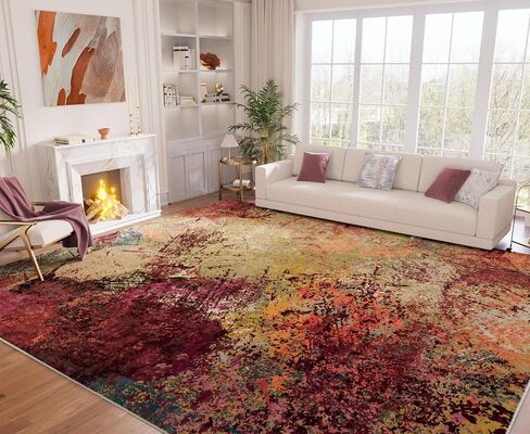Arbosofe Modern Abstract Rug for Living Room, 8'x10' Washable Area Rug with Non-Slip Backing & Short Pile, Large Carpet with Abstract Pattern for Living Room Bedroom and Dining Floor Carpet Red Orange in Saudi Arabia