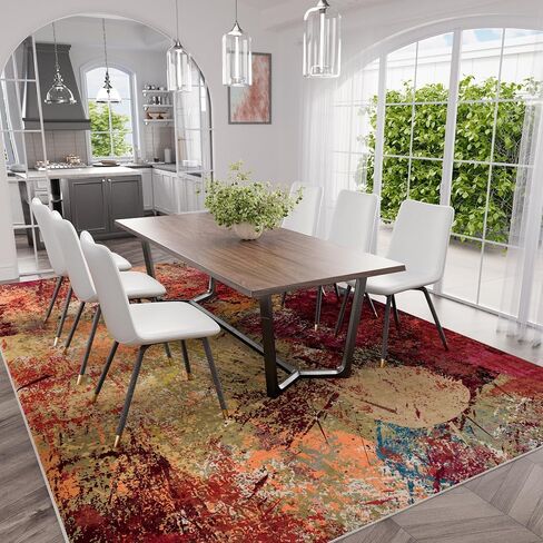 Arbosofe Modern Abstract Rug for Living Room, 8'x10' Washable Area Rug with Non-Slip Backing & Short Pile, Large Carpet with Abstract Pattern for Living Room Bedroom and Dining Floor Carpet Red Orange in Saudi Arabia