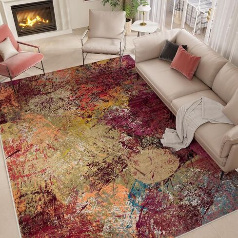 Arbosofe Modern Abstract Rug for Living Room, 8'x10' Washable Area Rug with Non-Slip Backing & Short Pile, Large Carpet with Abstract Pattern for Living Room Bedroom and Dining Floor Carpet Red Orange in Saudi Arabia