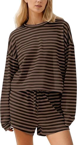 Womens Striped Lounge Set 2 Piece Oversized Pajama Set Long Sleeve Shorts Set Drawstring Striped Set with Pockets in Saudi Arabia