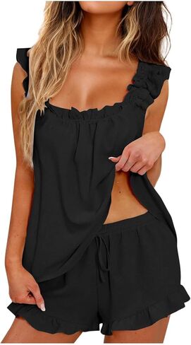 2 Piece Ruffle Pj Womens Pajamas Set - Soft Lightweight Cami Top & Shorts Sleepwear for Bridal Lingerie Set in Kuwait