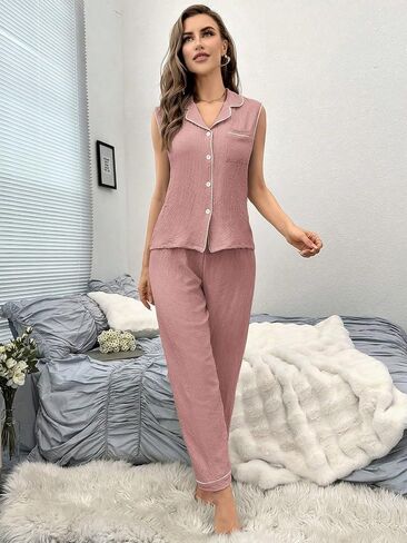 طقم بيجامات نسائي من القطن الناعم بأزرار أمامية وسترة وسروال ملابس نوم مريحة in Kuwait