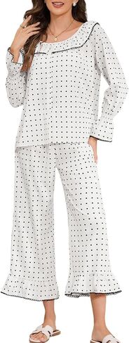 WOWULOVELY Womens Polka Dot Ruffle Pajama Set 2 Piece Button Sleepwear Puff Sleeve Ruffle Babydoll Shirt Pants in Saudi Arabia