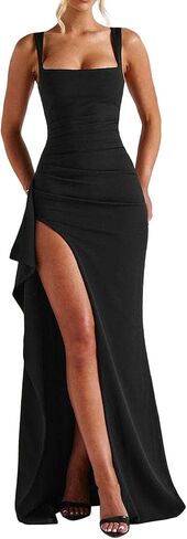 Giovacker Women's Elegant Spaghetti Straps LowCut Neck Dress Party Gowns Solid Maxi Long Dresses Sexy High Slit Dress in Saudi Arabia