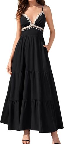 XinFSh Women's Summer Beach Wedding Guest Maxi Dress Flowy A Line V Neck Boho Tassle Long Vacation Sundress with Pockets in Saudi Arabia