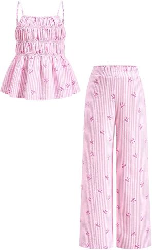 Girl's 2 Piece Summer Outfits Striped Bow Print Ruffle Smocked Cami Top Wide Leg Pants Set with Pockets Size 8-12 in Saudi Arabia