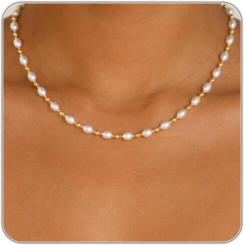 Pearl Necklaces for Women Trendy, Dainty Beaded Choker Necklace, 14K Gold Plated Station Chain, Simple Layering Wedding Prom Jewelry Gift in Saudi Arabia