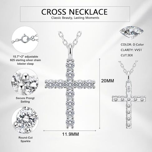 WES Moissanite Cross Necklace for Women - 925 Sterling Silver 17.7'' Chain with 14K White Gold Plated D Color VVS1 Clarity 2mm Round Moissanite Cross Faith Pendant for Men in Saudi Arabia