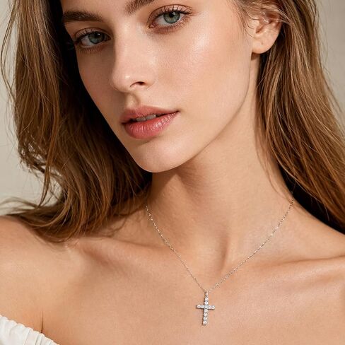 WES Moissanite Cross Necklace for Women - 925 Sterling Silver 17.7'' Chain with 14K White Gold Plated D Color VVS1 Clarity 2mm Round Moissanite Cross Faith Pendant for Men in Saudi Arabia