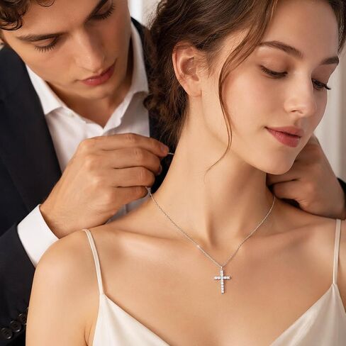 WES Moissanite Cross Necklace for Women - 925 Sterling Silver 17.7'' Chain with 14K White Gold Plated D Color VVS1 Clarity 2mm Round Moissanite Cross Faith Pendant for Men in Saudi Arabia