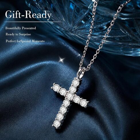 WES Moissanite Cross Necklace for Women - 925 Sterling Silver 17.7'' Chain with 14K White Gold Plated D Color VVS1 Clarity 2mm Round Moissanite Cross Faith Pendant for Men in Saudi Arabia