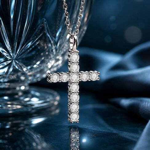 WES Moissanite Cross Necklace for Women - 925 Sterling Silver 17.7'' Chain with 14K White Gold Plated D Color VVS1 Clarity 2mm Round Moissanite Cross Faith Pendant for Men in Saudi Arabia