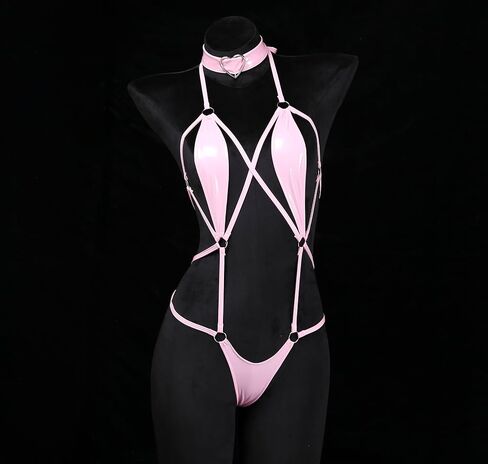 JasmyGirls Sexy Lingerie for Women Naughty One Piece Leather Bodysuit with Collar in Kuwait