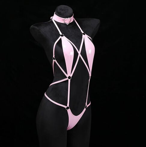 JasmyGirls Sexy Lingerie for Women Naughty One Piece Leather Bodysuit with Collar in Kuwait