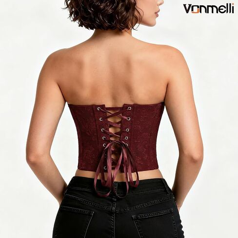 VONMELLI Corset Tops for Women Strapless Lace Up Overbust Bustier Women's Corset Crop Top, Burgundy M in Saudi Arabia