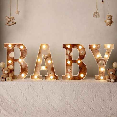 Realspring Baby Shower Sign Babe Marquee LED Letters Battery Operated Light up Centerpieces Glowing Home Table Party Decor for Boy Girl Gender Reveal Birthday, 8.26''(Bear,Brown) in Kuwait