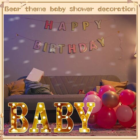 Realspring Baby Shower Sign Babe Marquee LED Letters Battery Operated Light up Centerpieces Glowing Home Table Party Decor for Boy Girl Gender Reveal Birthday, 8.26''(Bear,Brown) in Kuwait