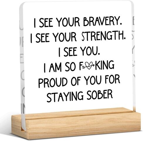 Sobriety Gifts for Men Women Sober Gifts Proud of You Gifts Addiction Recovery Gifts Alcoholics Anonymous Gifts Motivational Acrylic Desk Decor Sign with Wood Stand 4 X 4 Inch in Saudi Arabia