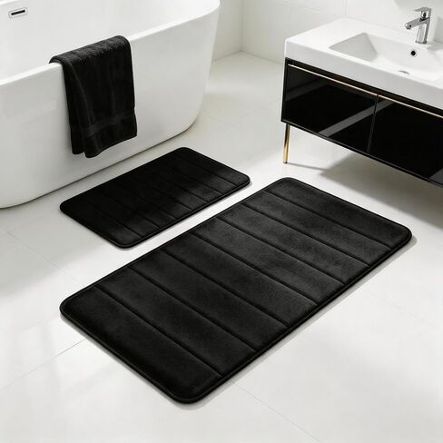 Black Bathroom Rugs Set 2 Piece Memory Foam Bath Rugs Non-Slip Bath Mat,Washable Room Mats,Absorbent Shaggy Rug Super Soft Kitchen Mats, Batroom Carpets for Bathroom,Tub,Shower Home Decor in Saudi Arabia