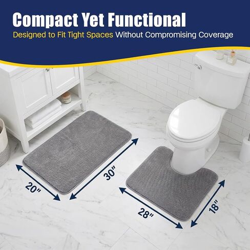Muddy Mat® CloudStep Bathroom Rugs 2 Piece Set, Non Slip Bath Mats for Bathroom, Absorbent Memory Foam Chenille, Machine Washable Quick Dry Toilet Rug Set, Grey 20"x30" + 20"x20" U-Shaped in Saudi Arabia