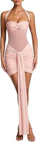المرأة مثير Bodycon الرسن تويست عقدة فستان قصير ثنيات الشريط Ruched فستان كوكتيل بقماش شفاف فساتين رسمية in Kuwait