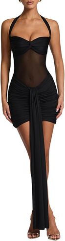 المرأة مثير Bodycon الرسن تويست عقدة فستان قصير ثنيات الشريط Ruched فستان كوكتيل بقماش شفاف فساتين رسمية in Kuwait