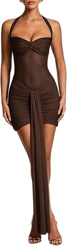 المرأة مثير Bodycon الرسن تويست عقدة فستان قصير ثنيات الشريط Ruched فستان كوكتيل بقماش شفاف فساتين رسمية in Kuwait
