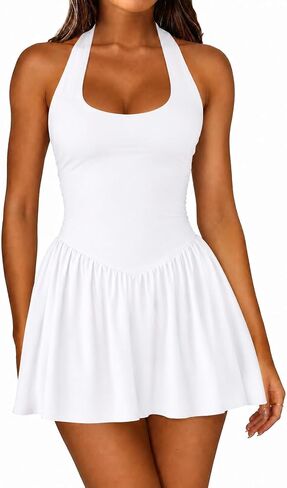 Women Halter Neck Mini Dress with Pocket Backless Tie Waist Skater Casual Dress in Saudi Arabia