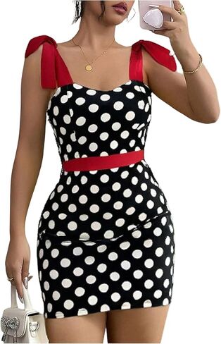 SweatyRocks المرأة منقطة الرقبة على شكل قلب Bodycon عارية الذراعين فستان قصير ربطة القوس فيونكة حزام Y2k الخروج فستان للنادي الحفلات in Kuwait