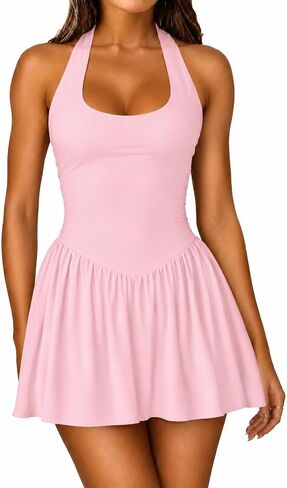Women Halter Neck Mini Dress with Pocket Backless Tie Waist Skater Casual Dress in Saudi Arabia
