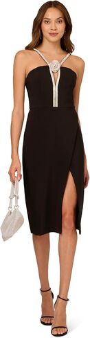 Adrianna Papell Rhinestone Rosette Halter Midi Sheath Dress in Kuwait