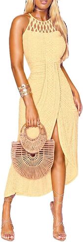LOVESHOOT Halter Sundresses for Women 2026 Summer Eyelet Ruched Bodycon Midi Dresses Casual Crochet A Line Dress with Slit in Saudi Arabia