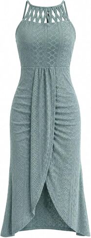 LOVESHOOT Halter Sundresses for Women 2026 Summer Eyelet Ruched Bodycon Midi Dresses Casual Crochet A Line Dress with Slit in Saudi Arabia